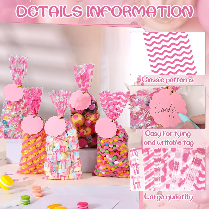 woric 100 Set Pink Cellophane Bags 5 x 10.6 Inch Plastic Mother's Day Treat Bags Gift Candy Bag with 100 Gift Tags and Twist Ties for Pink Bow Birthday Weddings Baby Shower Decorations - Image 4