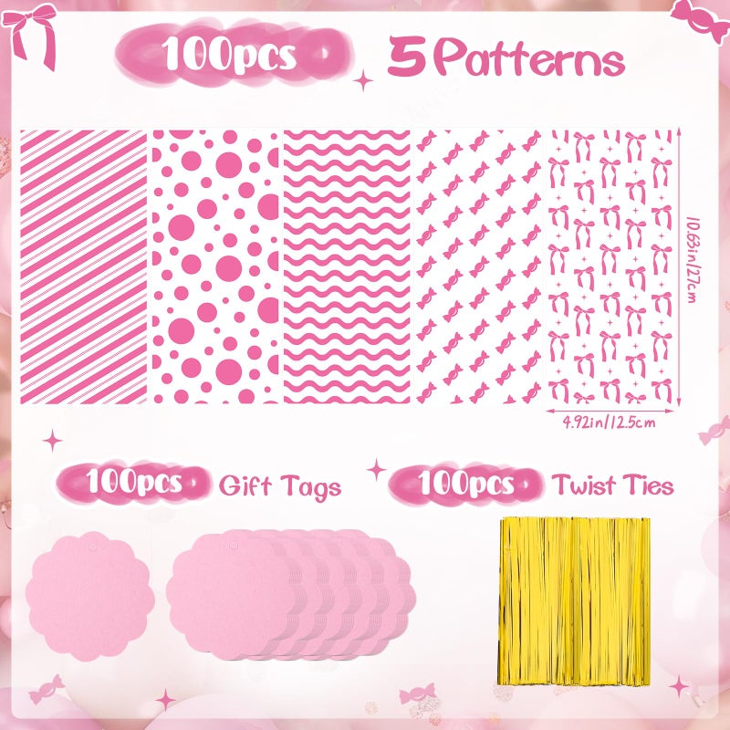 woric 100 Set Pink Cellophane Bags 5 x 10.6 Inch Plastic Mother's Day Treat Bags Gift Candy Bag with 100 Gift Tags and Twist Ties for Pink Bow Birthday Weddings Baby Shower Decorations - Image 2
