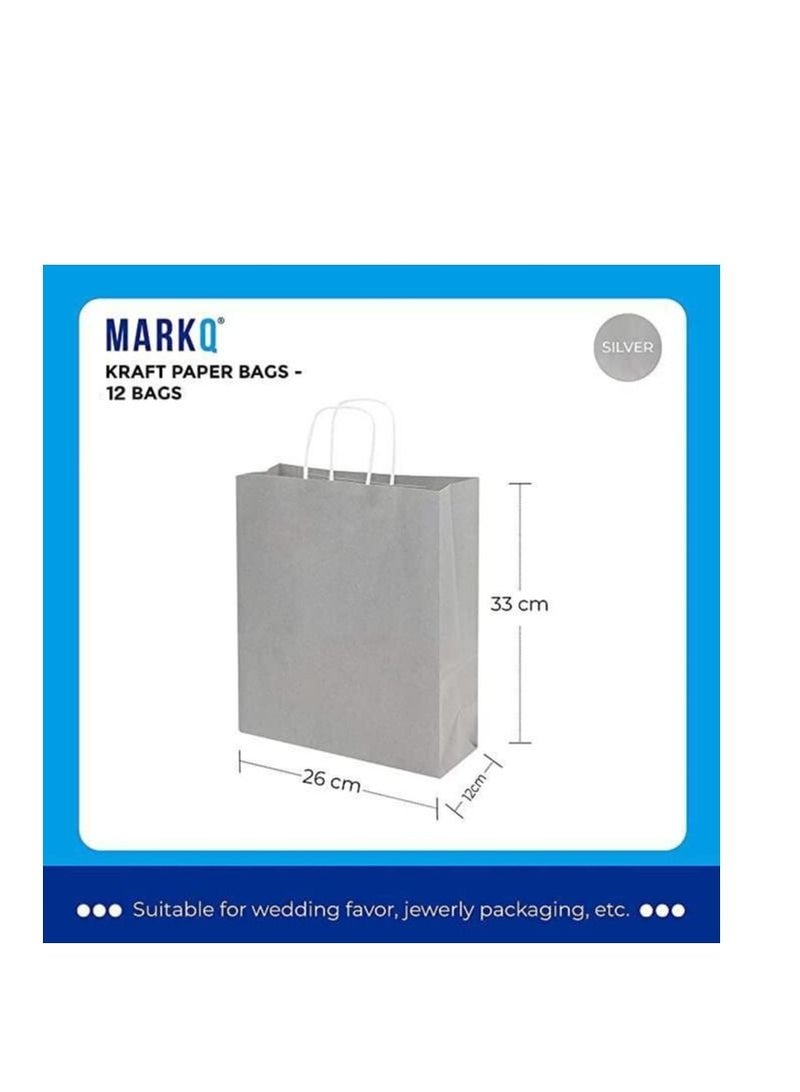 MARKQ Silver Paper bags with handles 33 x 26 x 12 cm Large Kraft Gift bags for Birthday Party Supplies, Weddings, Shopping, Presents (12 Bags) - Image 2