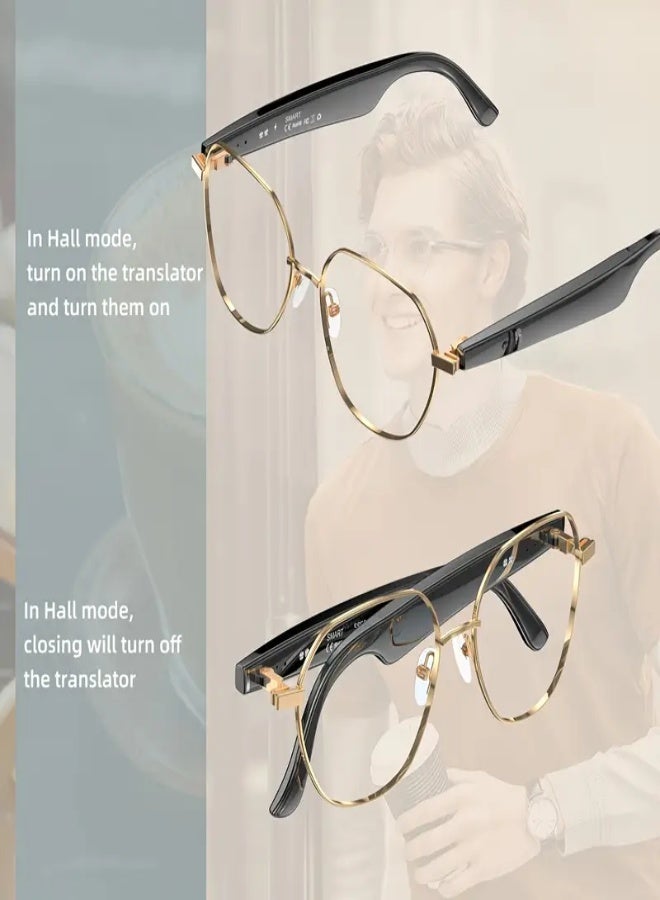 نظارات ترجمة ذكية AI بإطار ذهبي بأسلوب الأعمال – ترجمة فورية للمكالمات الصوتية، تشغيل موسيقى لاسلكي، تحكم باللمس، دعم 163 لغة، تحويل النص إلى كلام، بطارية طويلة العمر، شحن مغناطيسي، قابلة للشحن عبر USB - Image 2