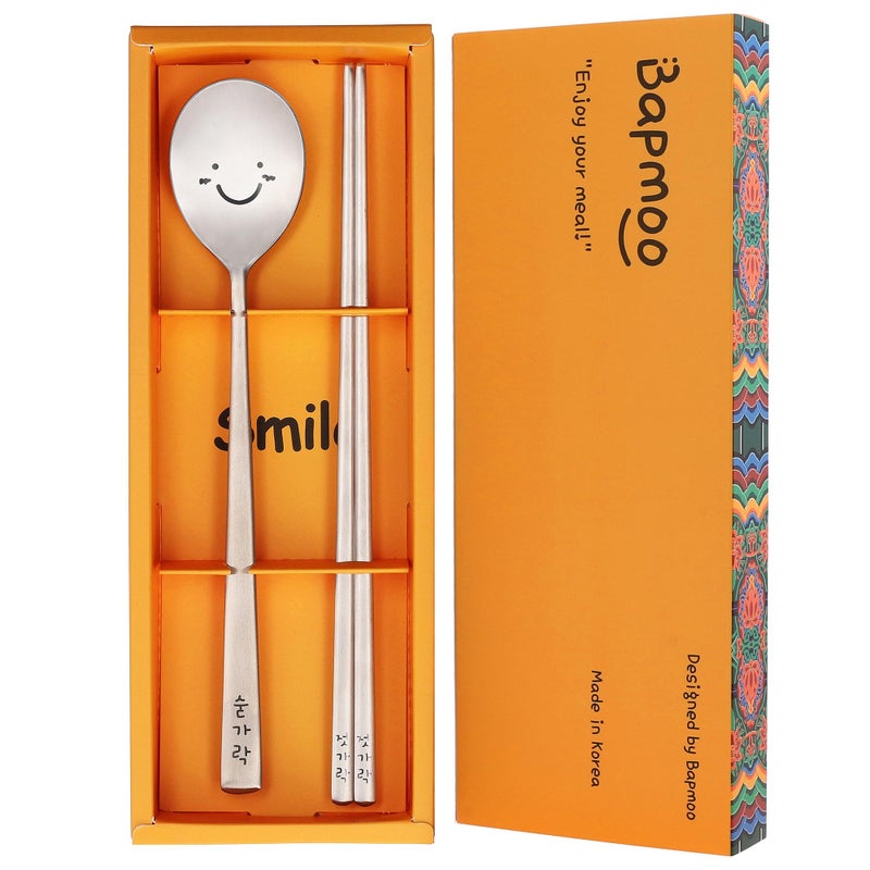 BAPMOO BAPMOO Korean Utensils Chopsticks and Spoon Set Reusable Long Handle Stainless Steel Good for Gift Happy Face  Hangul Characters Engraved Silver 