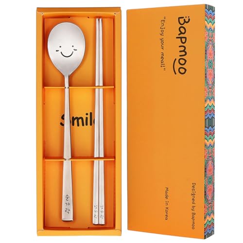 BAPMOO Korean Utensils Chopsticks and Spoon Set Reusable Long Handle Stainless Steel Good for Gift Happy Face Hangul Characters Engraved Silver