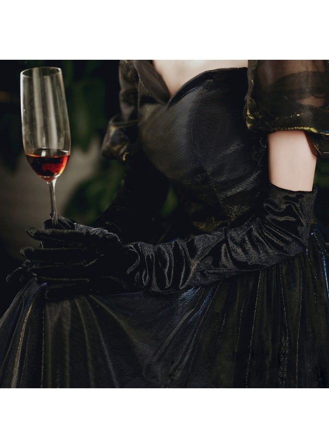 Long Black Velvet Evening and Opera Length Satin Formal Gloves,Special Occasion, Elbow Length  - Image 4
