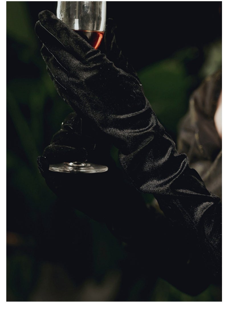 Long Black Velvet Evening and Opera Length Satin Formal Gloves,Special Occasion, Elbow Length  - Image 3