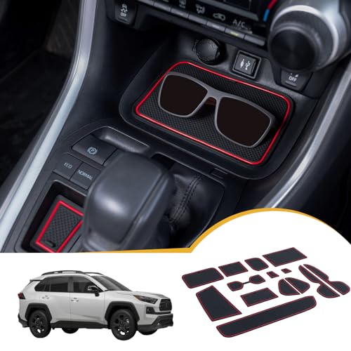 TOPINSTALL ملحقات بطانات داخلية متوافقة مع 2019-2024 2025 تويوتا RAV4 420212025 RAV4 Prime إدراج حامل أكواب مضاد للغبار حصيرة مطاطية مركزية فاخرة وسادة جيب الباب 16 قطعة حواف حمراء