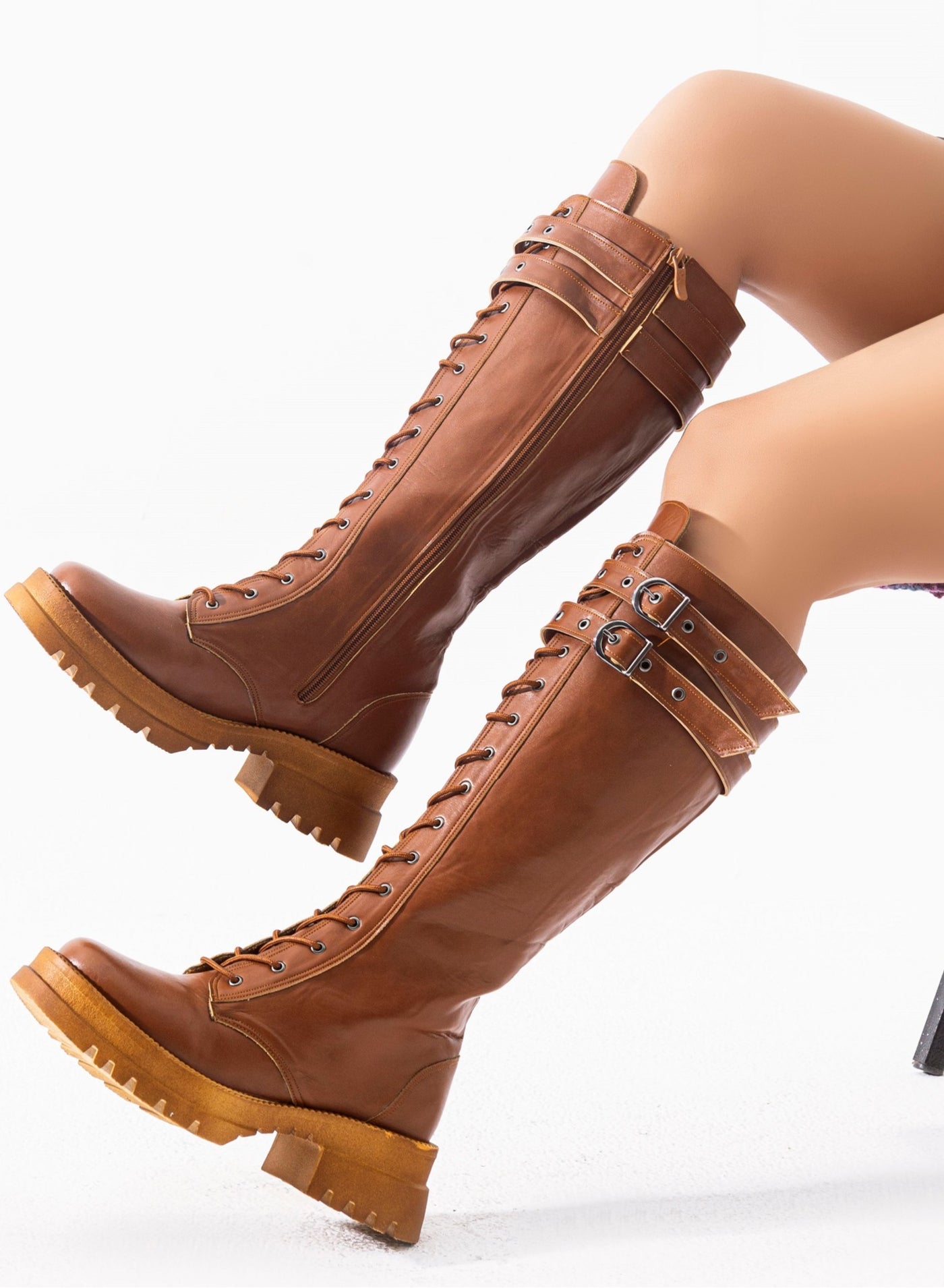 Long Leather Boot With Front Lacing B-37- HAVAN