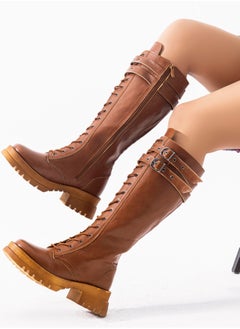 Vbranda Long Leather Boot With Front Lacing B-37- HAVAN  - Image 1