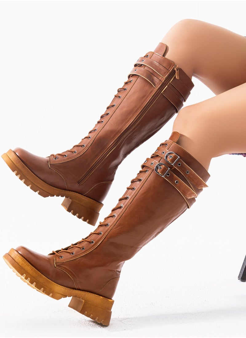 Vbranda - Long Leather Boot With Front Lacing B-37- HAVAN - Image 1