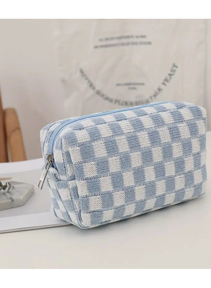 ORiTi Checkered Kinitted Cosmetic Bag Makeup Pouch Roomy Zipper Pouch Portable Travel Toiletry Bag Organizer - Blue - Image 1