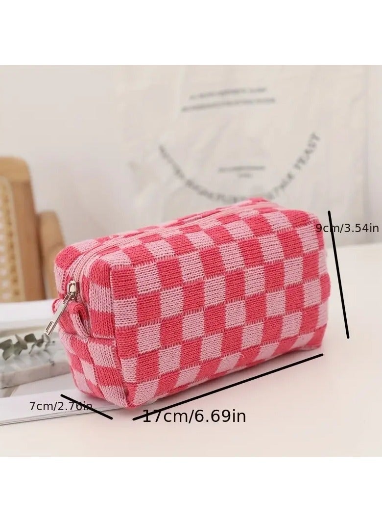 ORiTi Checkered Kinitted Cosmetic Bag Makeup Pouch Roomy Zipper Pouch Portable Travel Toiletry Bag Organizer - Blue - Image 3