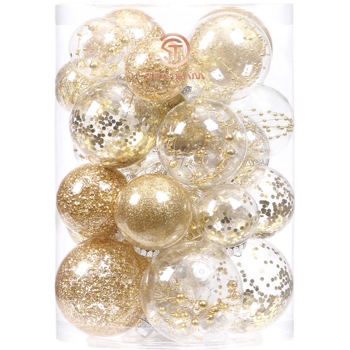 SHATTERPROOF CLEAR PLASTIC CHRISTMAS BALL ORNAMENTS DECORATIVE XMAS BALLS BAUBLES SET WITH STUFFED DELICATE DECORATIONS 60MM23630PACK GOLD