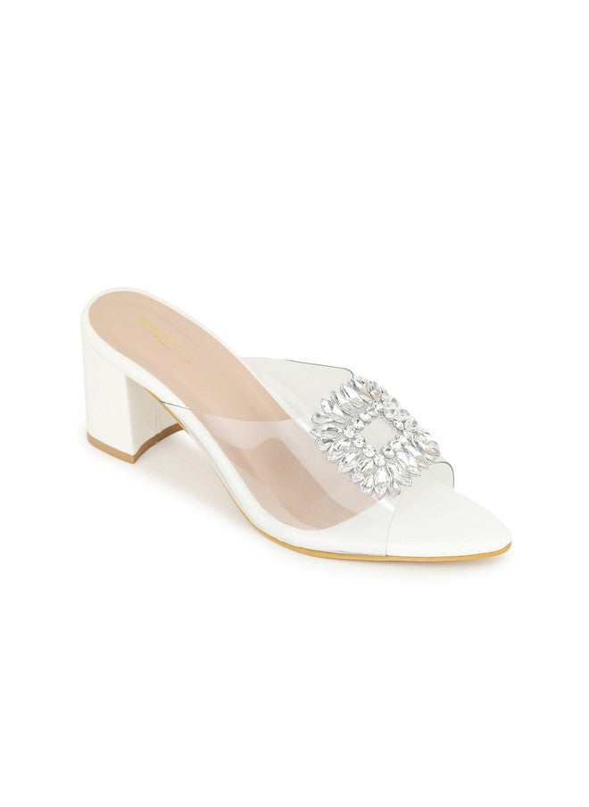 She Zone White Embellished Open Toe Block Heels for Women - Image 2