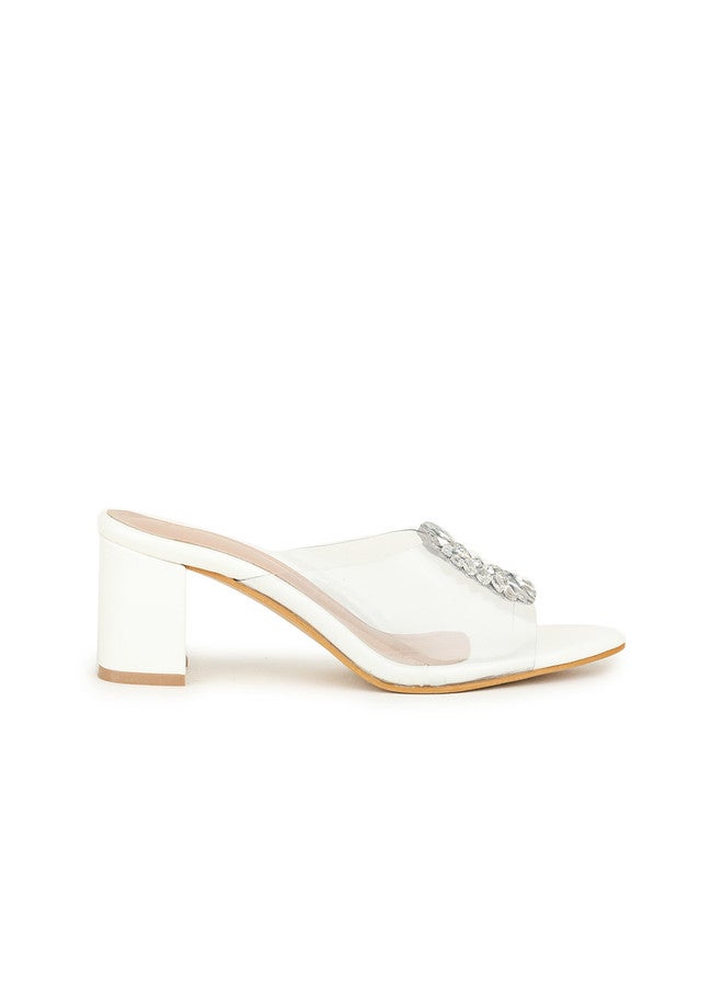 She Zone White Embellished Open Toe Block Heels for Women - Image 4