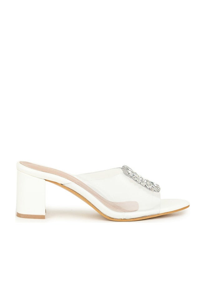 She Zone White Embellished Open Toe Block Heels for Women - Image 1