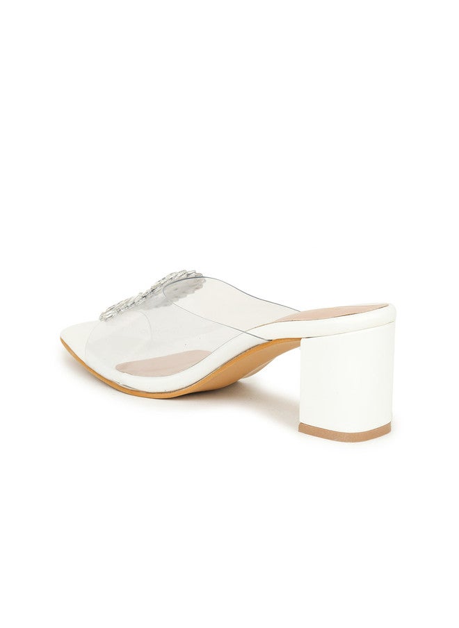 She Zone White Embellished Open Toe Block Heels for Women - Image 3
