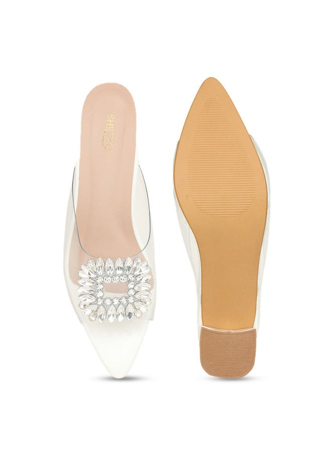 She Zone White Embellished Open Toe Block Heels for Women - Image 5