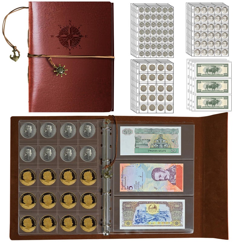 GoShambar Coin Collection Book Holder for Collectors,428 Pockets Coin Collection Supplies & 12 Sleeves Paper Money Currency Album, Display Storage Case for All Coins (Brown) - Image 1