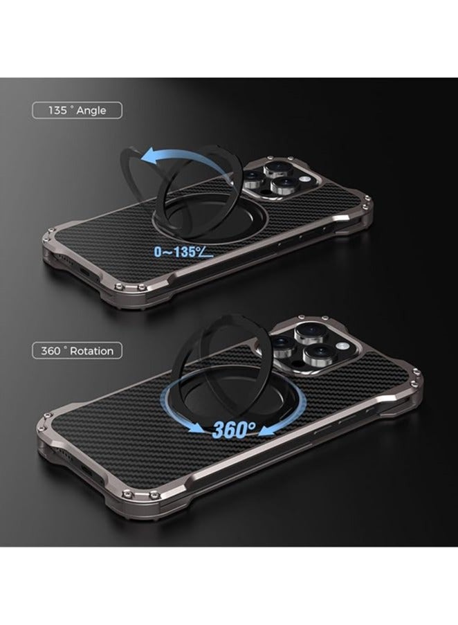 General iPhone 15 Pro Max/15 Pro/15 Metal Case Carbon Fiber Aluminum Alloy Back Hollow Cooling Case with 360° Swivel Ring Stand  - Image 4