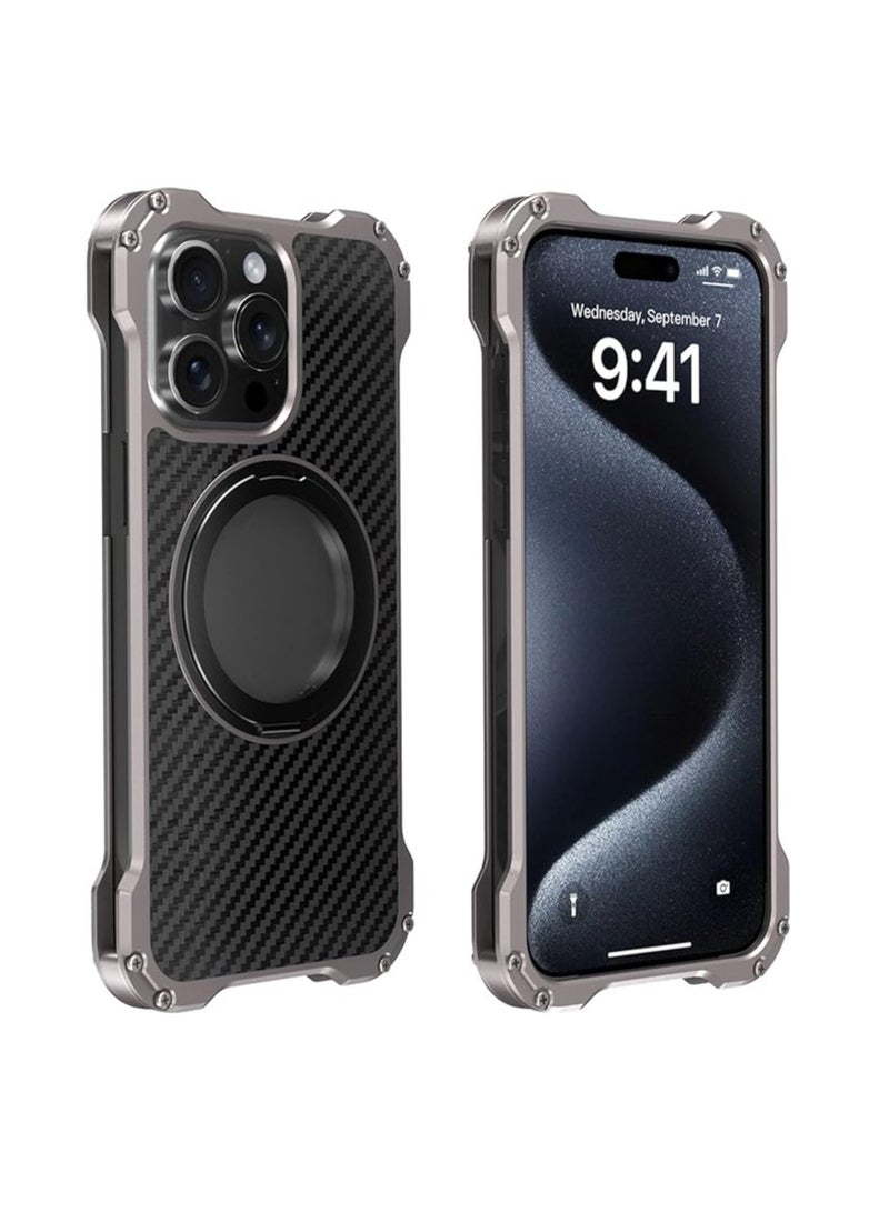 General iPhone 15 Pro Max/15 Pro/15 Metal Case Carbon Fiber Aluminum Alloy Back Hollow Cooling Case with 360° Swivel Ring Stand  - Image 1