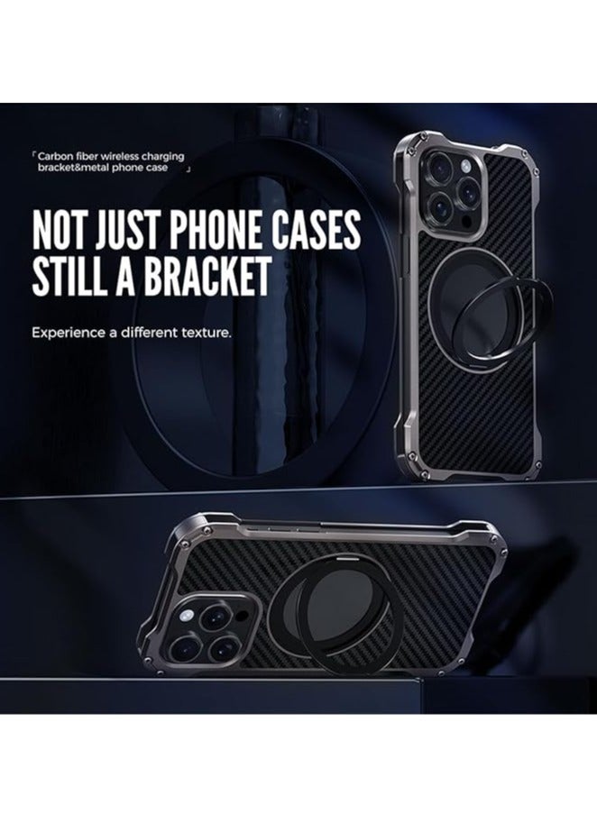 General iPhone 15 Pro Max/15 Pro/15 Metal Case Carbon Fiber Aluminum Alloy Back Hollow Cooling Case with 360° Swivel Ring Stand  - Image 2