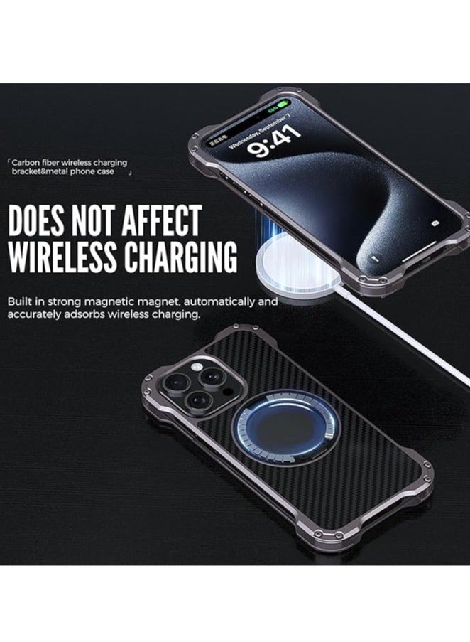 General iPhone 15 Pro Max/15 Pro/15 Metal Case Carbon Fiber Aluminum Alloy Back Hollow Cooling Case with 360° Swivel Ring Stand  - Image 3
