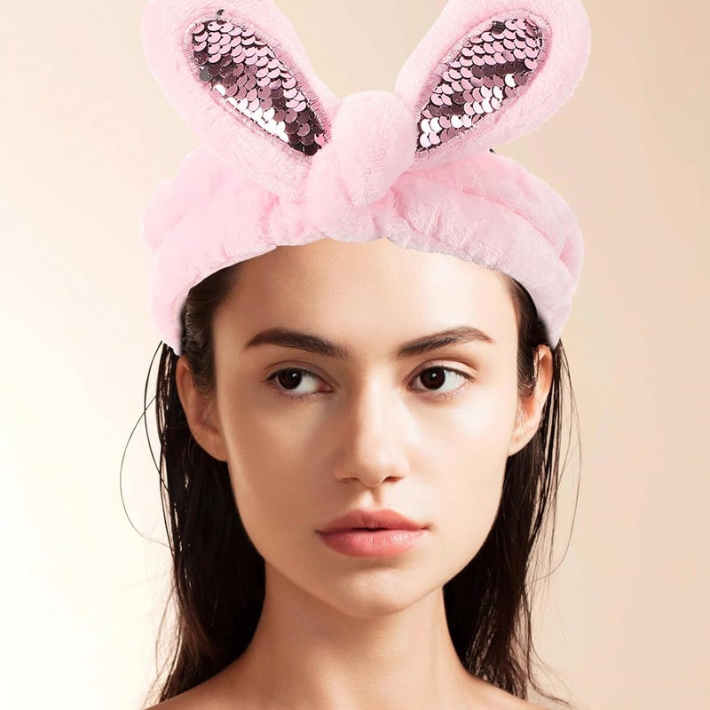 Bunny Ear Facial Headband for Washing Face Soft Plush Makeup Hairband Spa Skincare Accessory for Women and in Dark Pink - Image 5
