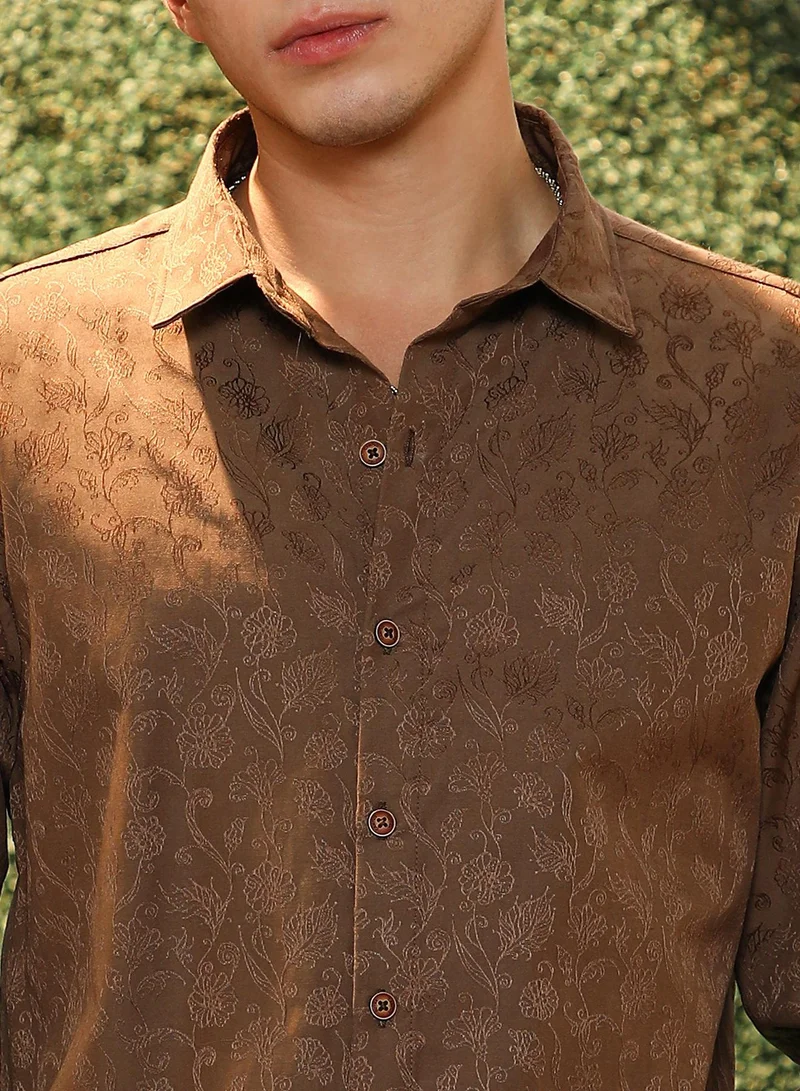 CAHOOT  Men's Mocha Brown Solid Floral-Jacquard Shirt for Men | Best Price UAE