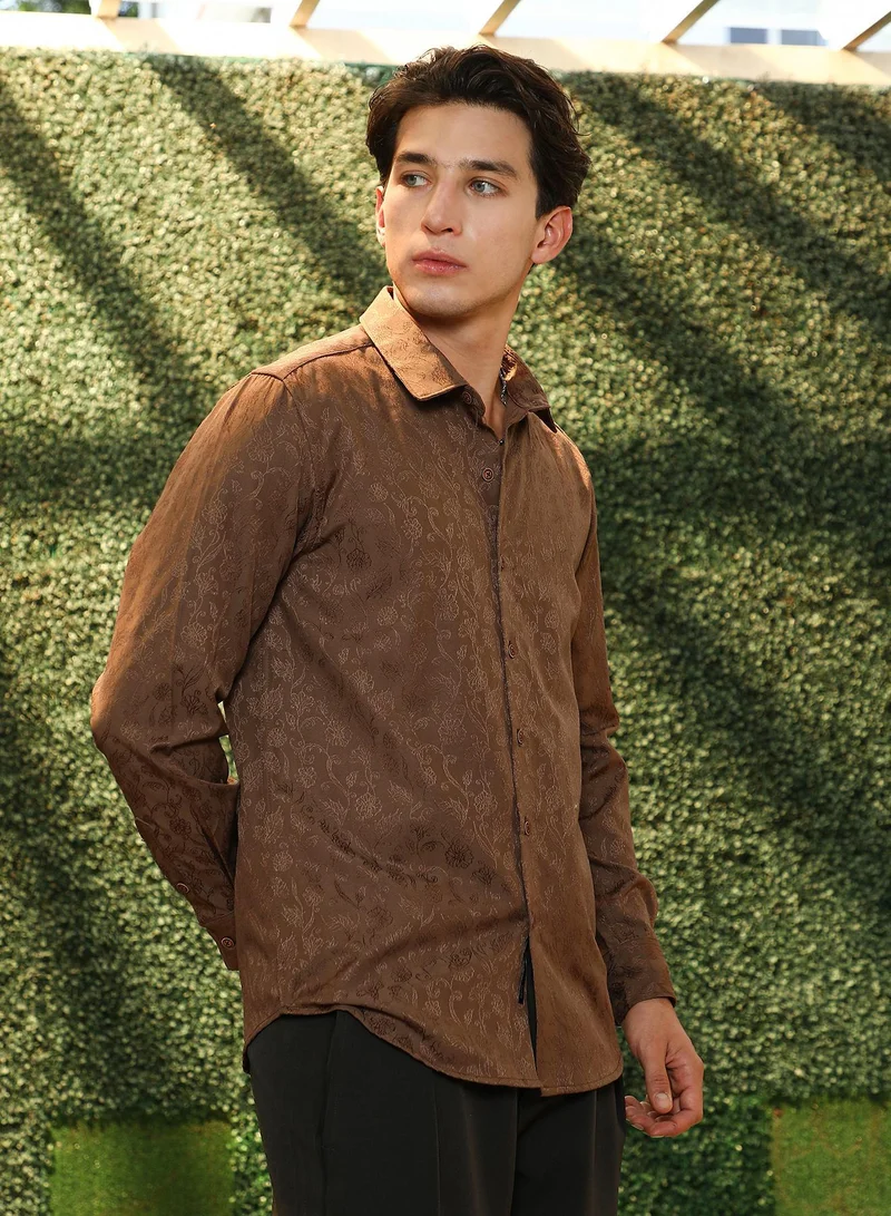 CAHOOT  Men's Mocha Brown Solid Floral-Jacquard Shirt for Men | Best Price UAE