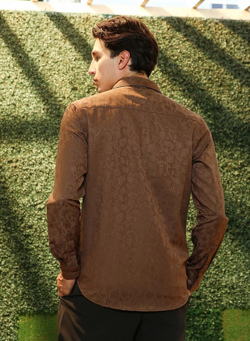 CAHOOT  Men's Mocha Brown Solid Floral-Jacquard Shirt for Men | Best Price UAE