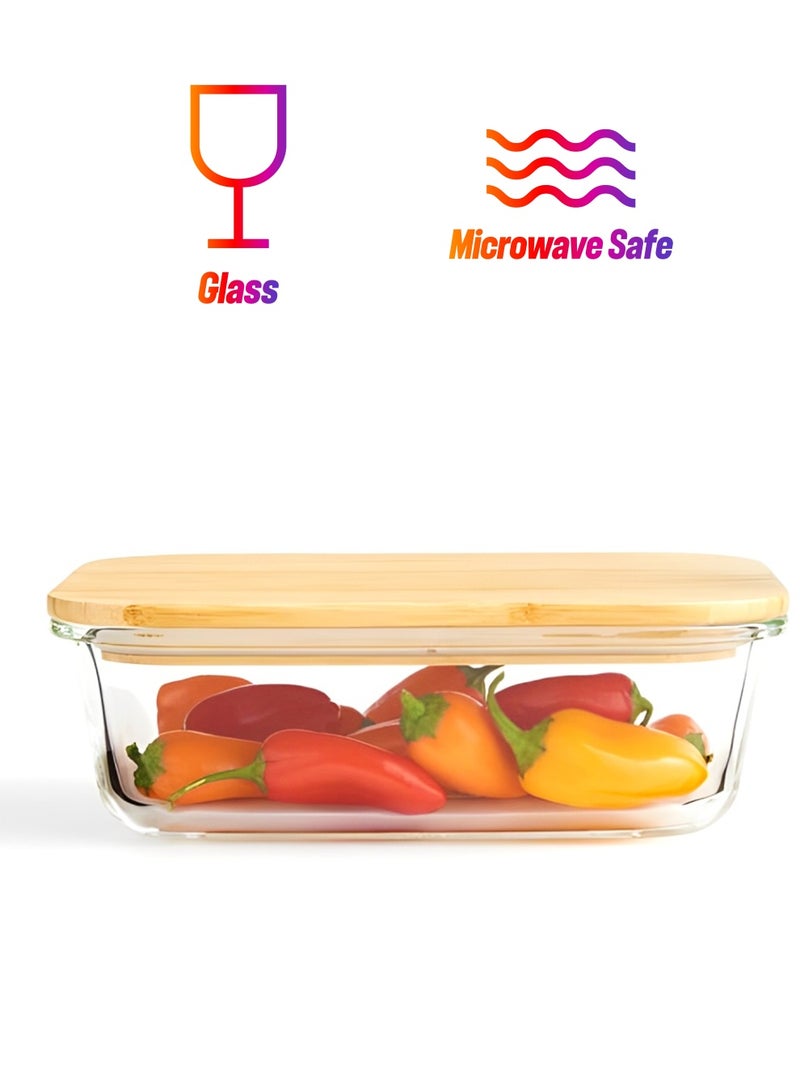 BLACKSTONE Clear Borosilicate Glass Food Storage Container With Wooden Lid And Silicone Removable Seal Airtight Bamboo Meal Prep Box For Kitchen Pantry Organization Microwave Oven Safe - Image 1