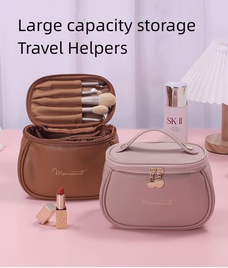 Styxon Makeup Bag Portable Cosmetic Bag Large Capacity Travel Makeup Organizer Leather Cosmetic Brush Case for Women Toiletry Bag for Girls with Handle and Divider Pink - Image 2