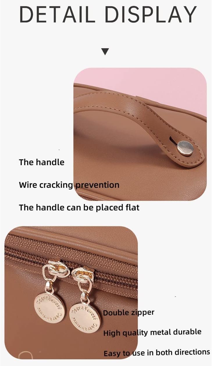 Styxon Makeup Bag Portable Cosmetic Bag Large Capacity Travel Makeup Organizer Leather Cosmetic Brush Case for Women Toiletry Bag for Girls with Handle and Divider Pink - Image 4