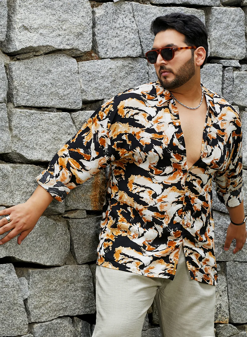 انستافاب بلس قميص رجالي أصفر وأسود بنقشة أوراق الشجر مقاس بلس