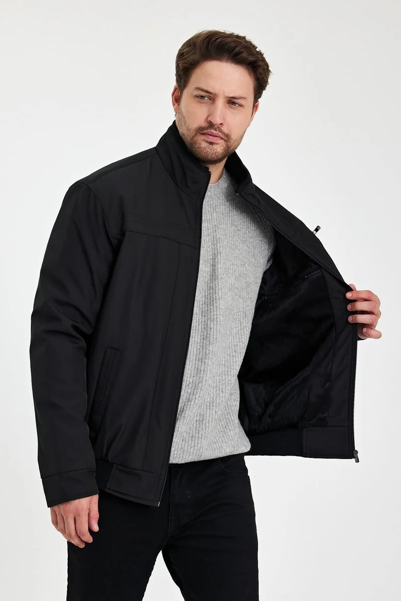 Sivaist Black Thick Fur Inside, Mandarin Collar, Wind and Waterproof Jacket&Coat