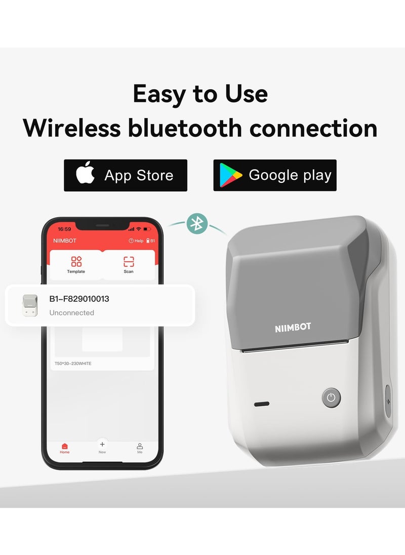 NIIMBOT - B1 Label Maker with Auto Identification, Thermal Label Printer with 1 Roll 50mm*30mm White Tape, Portable Bluetooth Label Maker with  20-50mm Print Width, USB Rechargeable, Easy to Use for Office, Home, Business, Grey - Image 1