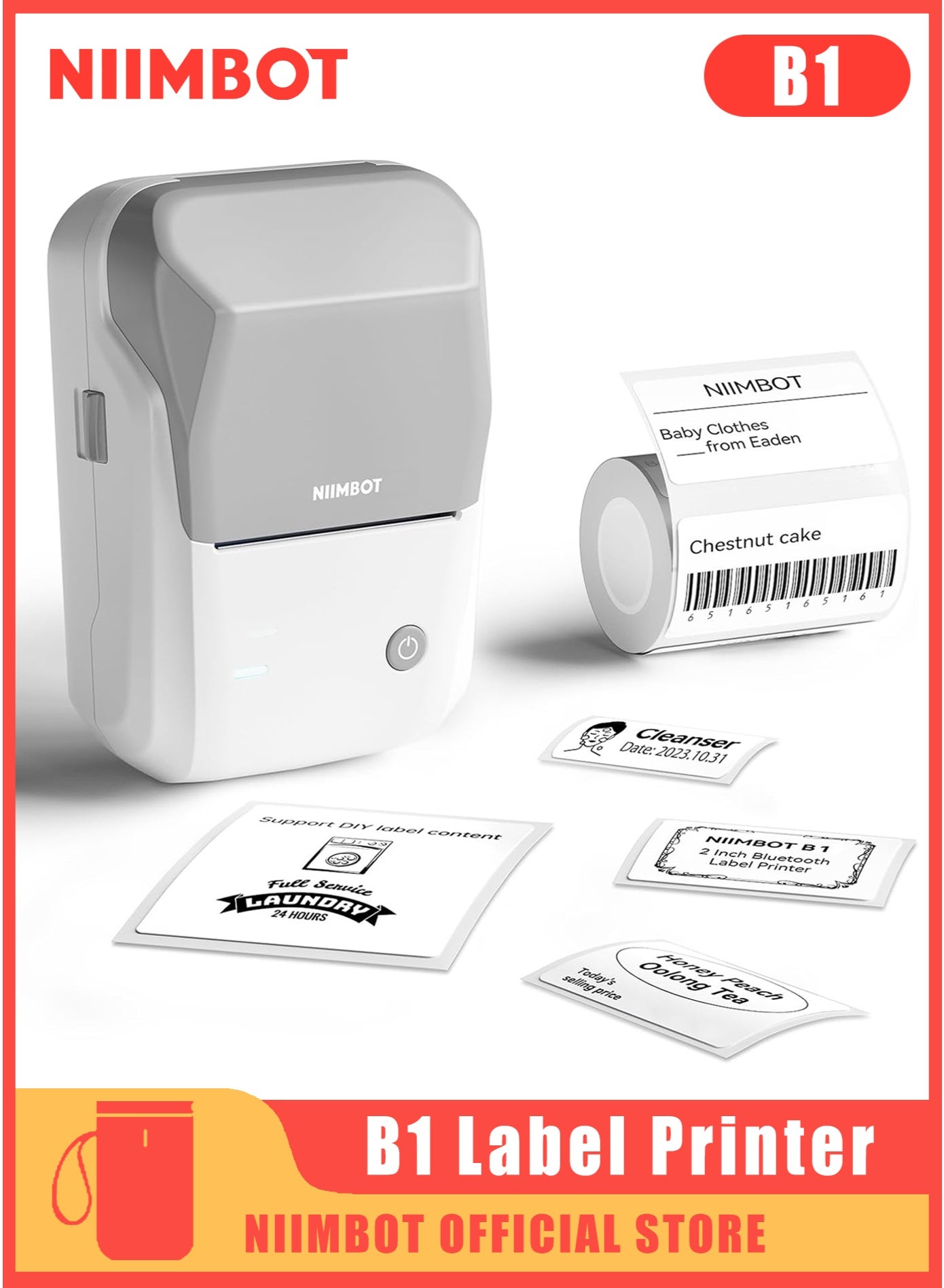 NIIMBOT B1 Label Maker Machine with Tape, Portable Bluetooth Label Maker, Thermal Label Printer Easy to Use for Work, Office, Classroom, Kitchen, Home, Learn, Business, 2 Inch Label Maker with 50*30mm Labels-230pcs/Roll, Grey