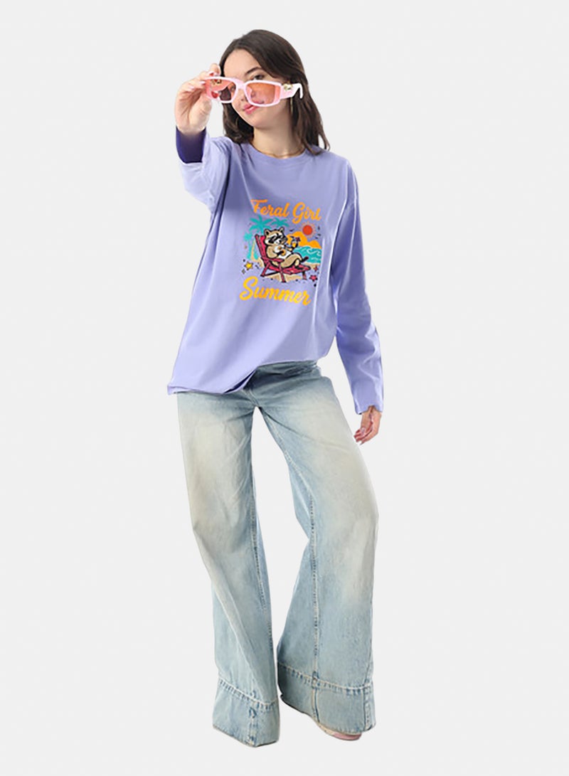 Andora Crew Neck Printed Long Sleeves Oversized T-Shirt - Lavender - Image 5