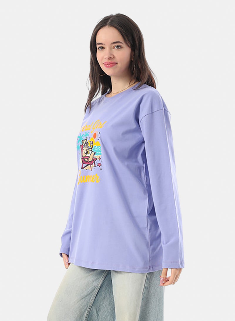 Andora Crew Neck Printed Long Sleeves Oversized T-Shirt - Lavender - Image 2