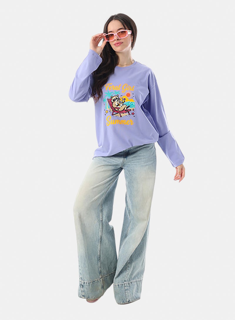 Andora Crew Neck Printed Long Sleeves Oversized T-Shirt - Lavender - Image 4