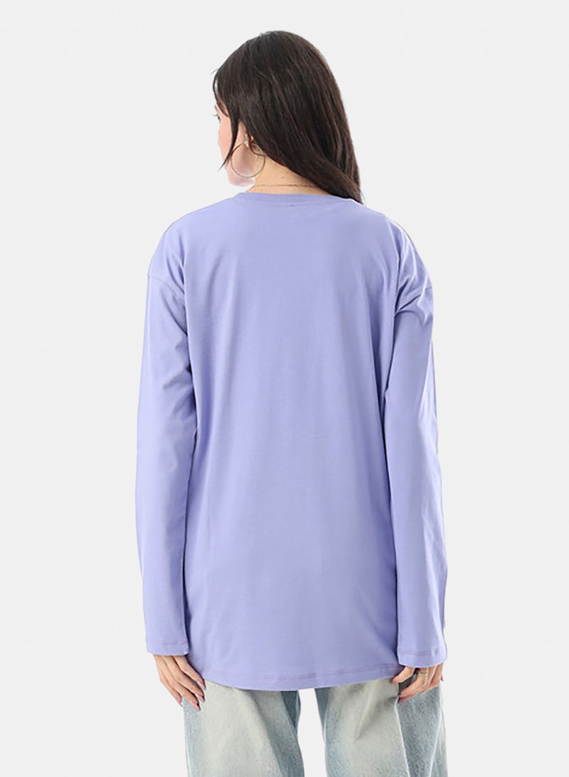 Andora Crew Neck Printed Long Sleeves Oversized T-Shirt - Lavender - Image 3