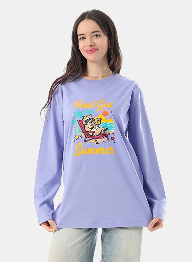 Andora Crew Neck Printed Long Sleeves Oversized T-Shirt - Lavender - Image 1