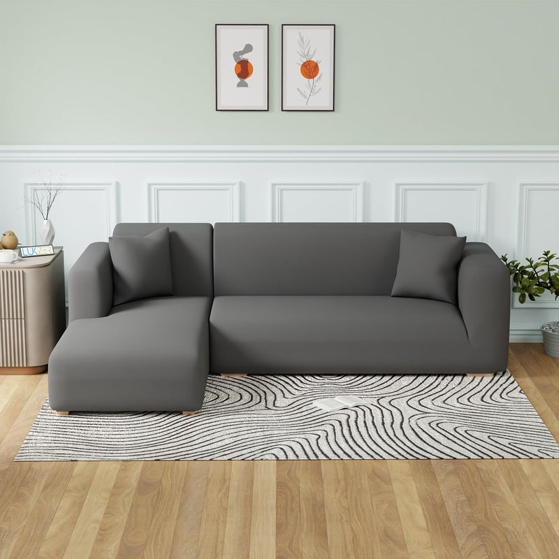 Lukzer Polyester Blend LShaped Sofa Cover For Living Room Furniture Flexible Slipcover For Couches And More Left Hand Side Plain Grey - Image 2