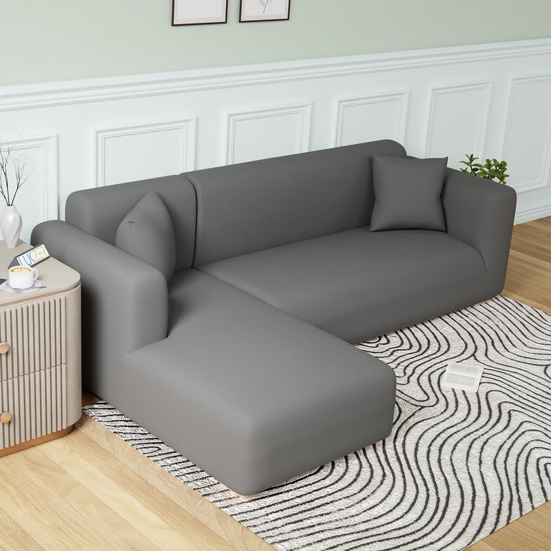 Lukzer Polyester Blend LShaped Sofa Cover For Living Room Furniture Flexible Slipcover For Couches And More Left Hand Side Plain Grey - Image 1