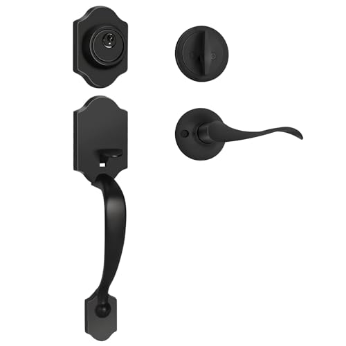 Haidms Matte Black Front Door Handle and Deadbolt Set, Front Door Lock Set, Entry Door Locksets with Deadbolt Single Cylinder, Exterior Door Handle with Reversible Handle Lever - Image 1