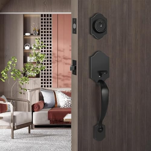 Haidms Matte Black Front Door Handle and Deadbolt Set, Front Door Lock Set, Entry Door Locksets with Deadbolt Single Cylinder, Exterior Door Handle with Reversible Handle Lever - Image 2