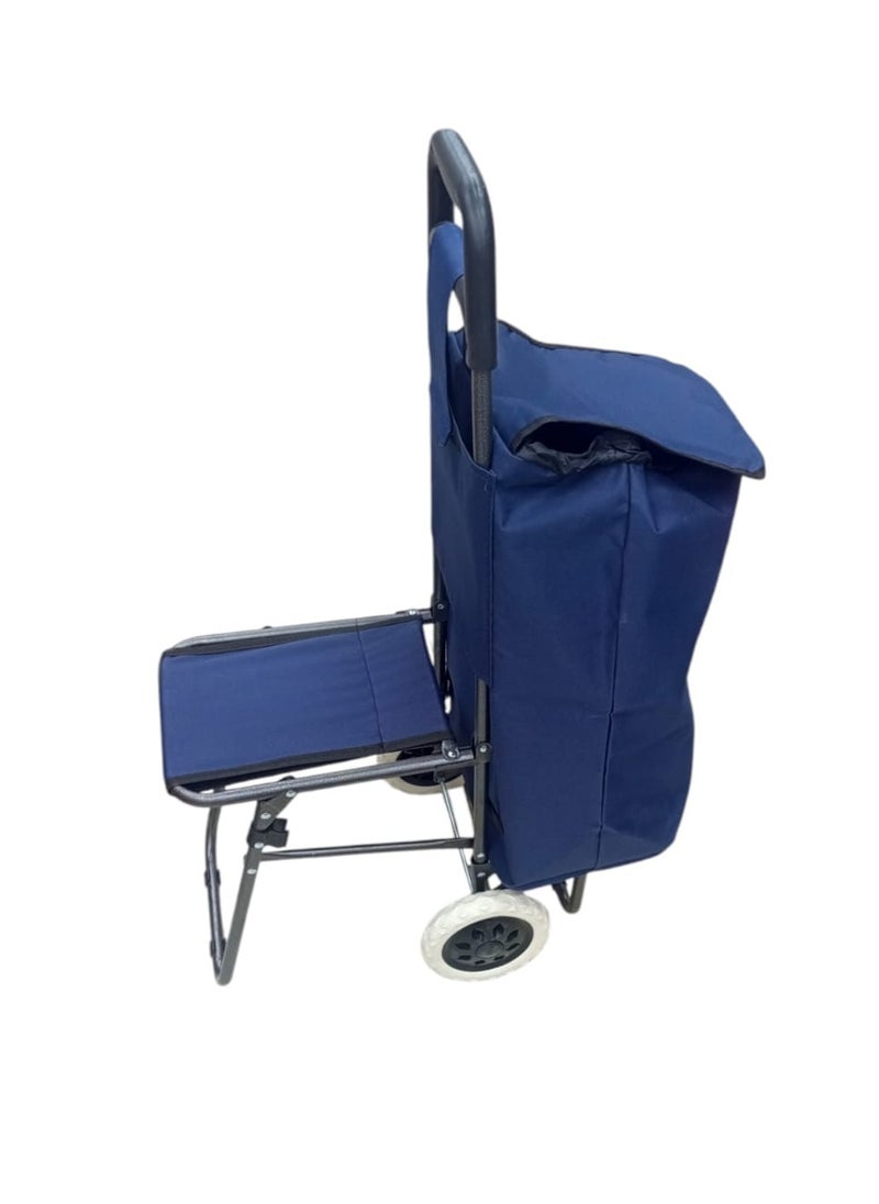 Generic - Shopping cart with blue fabric bag, sturdy metal frame and comfortable top handle. The cart features large wheels to facilitate movement on various surfaces. It also has a small foldable seat, making it versatile, whether for shopping or for use as a chair during a break. - Image 1