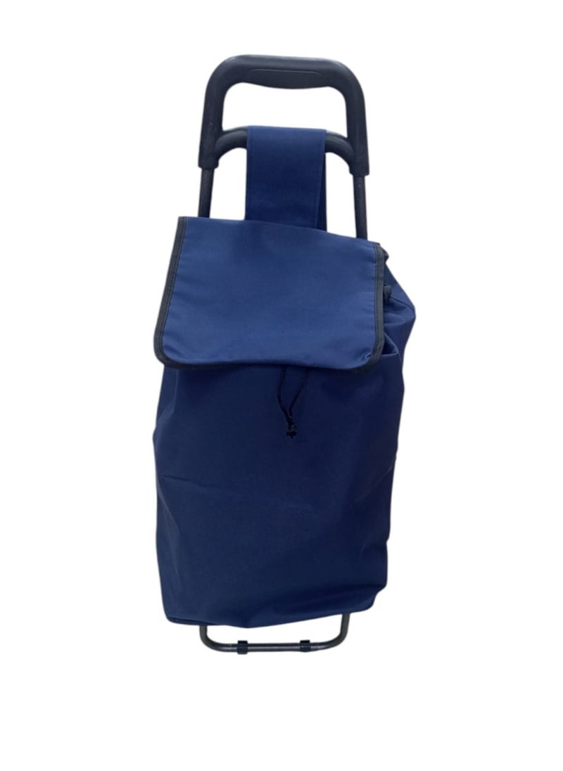 Generic - Shopping cart with blue fabric bag, sturdy metal frame and comfortable top handle. The cart features large wheels to facilitate movement on various surfaces. It also has a small foldable seat, making it versatile, whether for shopping or for use as a chair during a break. - Image 1