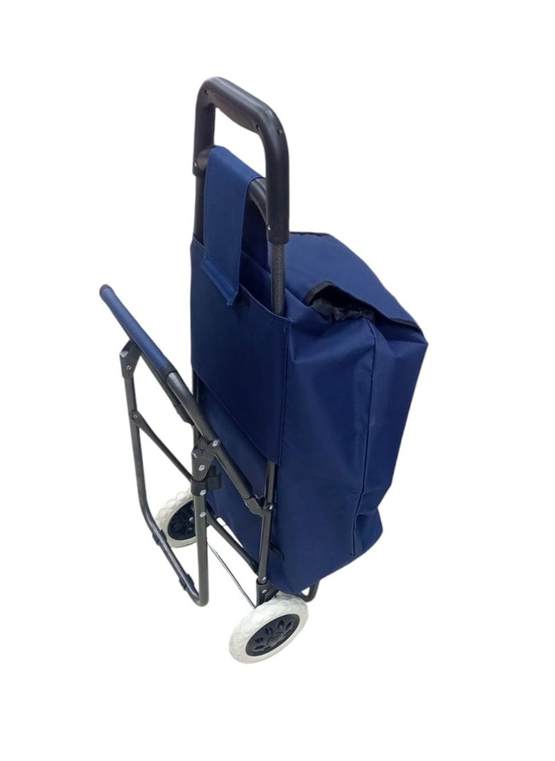Generic - Shopping cart with blue fabric bag, sturdy metal frame and comfortable top handle. The cart features large wheels to facilitate movement on various surfaces. It also has a small foldable seat, making it versatile, whether for shopping or for use as a chair during a break. - Image 1