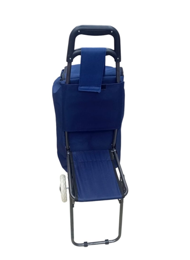 Generic - Shopping cart with blue fabric bag, sturdy metal frame and comfortable top handle. The cart features large wheels to facilitate movement on various surfaces. It also has a small foldable seat, making it versatile, whether for shopping or for use as a chair during a break. - Image 1