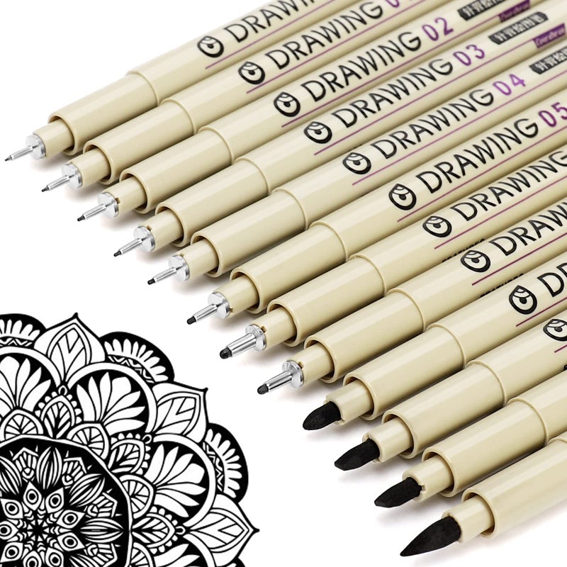 Muchcute Micro Fineliner Drawing Art Pens 12 Black Fine Line Waterproof Ink Set Artist Supplies Archival Inking Markers Liner Sketch Outline Anime Gifts Manga Sketching Watercolor Zentangle Kit Stuff